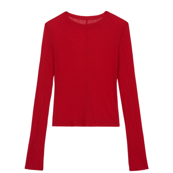 The Frankie Shop Mesa Sheer Long Sleeve Tee - Red - Oversized Minimalist Tops in Red - Shop at Coveti