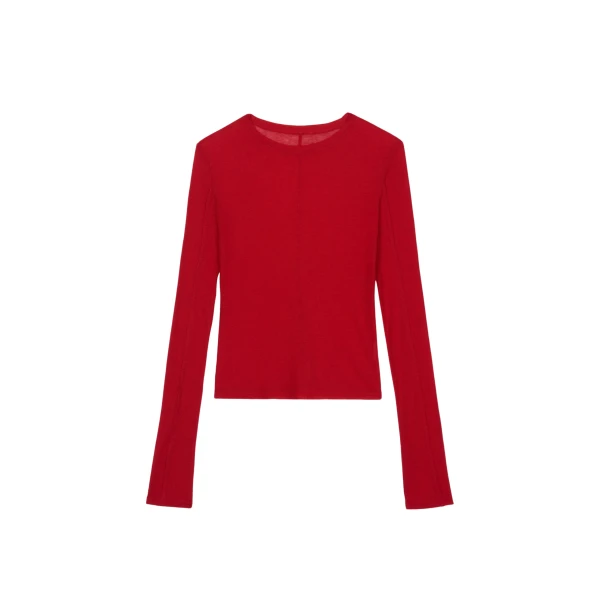The Frankie Shop Mesa Sheer Long Sleeve Tee - Red - Oversized Minimalist Tops in Red - Shop at Coveti