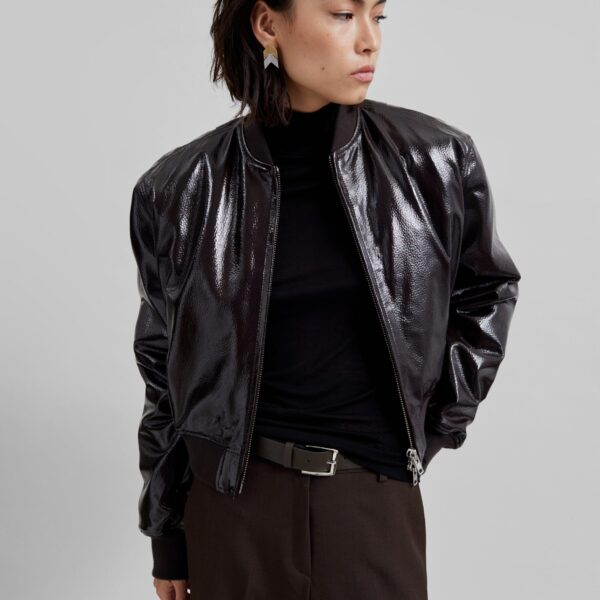 The Frankie Shop Micky Crackled Faux Leather Cropped Bomber - Dark Brown - Oversized Minimalist Jackets in Beige - Shop at Coveti