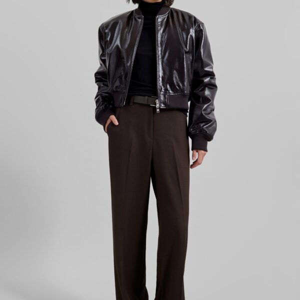 The Frankie Shop Micky Crackled Faux Leather Cropped Bomber - Dark Brown - Oversized Minimalist Jackets in Beige - Shop at Coveti