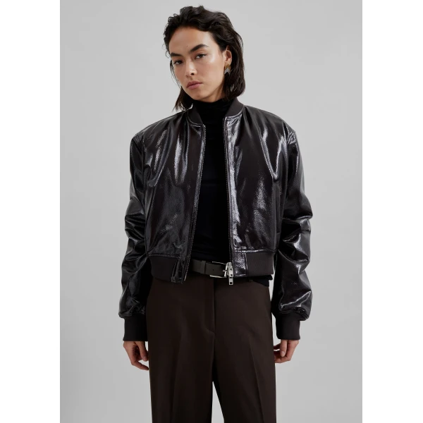 The Frankie Shop Micky Crackled Faux Leather Cropped Bomber – Dark Brown Jacket, view 4