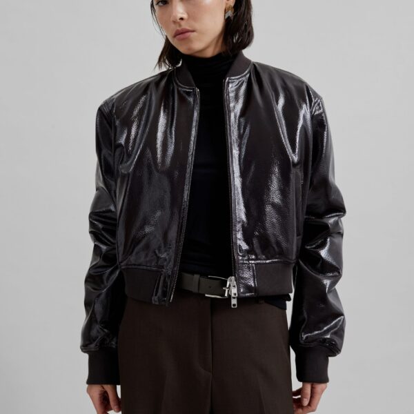 The Frankie Shop Micky Crackled Faux Leather Cropped Bomber - Dark Brown - Oversized Minimalist Jackets in Beige - Shop at Coveti
