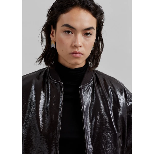The Frankie Shop Micky Crackled Faux Leather Cropped Bomber – Dark Brown Jacket, view 5