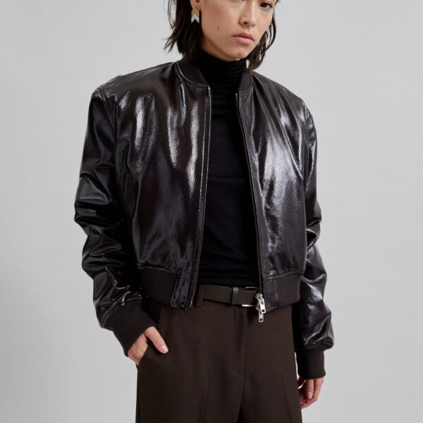The Frankie Shop Micky Crackled Faux Leather Cropped Bomber - Dark Brown - Oversized Minimalist Jackets in Beige - Shop at Coveti