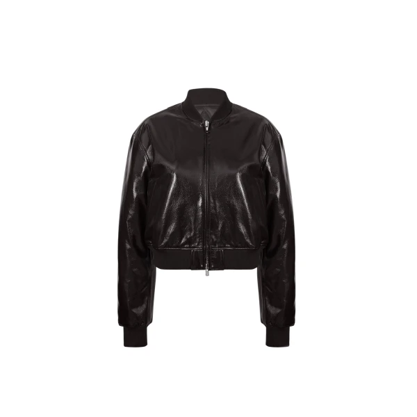 The Frankie Shop Micky Crackled Faux Leather Cropped Bomber - Dark Brown - Oversized Minimalist Jackets in Beige - Shop at Coveti