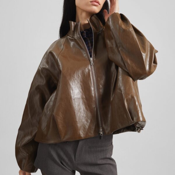 The Frankie Shop Milford Faux Leather Balloon Jacket - Brown - Oversized Minimalist Jackets in Beige - Shop at Coveti