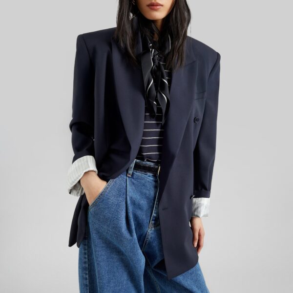The Frankie Shop Monterey Structured Blazer - Dark Navy - Oversized Minimalist Jackets in Blue - Shop at Coveti