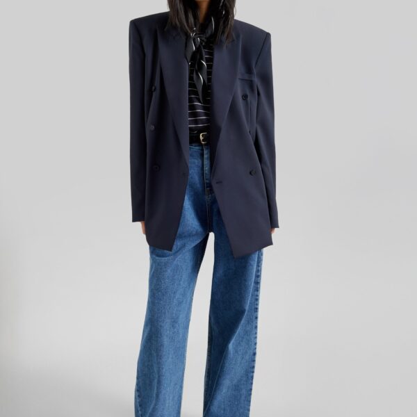 The Frankie Shop Monterey Structured Blazer - Dark Navy - Oversized Minimalist Jackets in Blue - Shop at Coveti