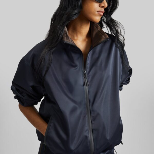 The Frankie Shop Munich Contrast Collar Zip-Up Jacket - Navy - Oversized Minimalist Jackets in Blue - Shop at Coveti