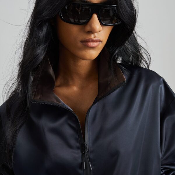 The Frankie Shop Munich Contrast Collar Zip-Up Jacket - Navy - Oversized Minimalist Jackets in Blue - Shop at Coveti