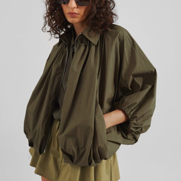 The Frankie Shop Murray Batwing Sleeve Balloon Jacket - Olive Brown - Oversized Minimalist Jackets in Beige - Shop at Coveti