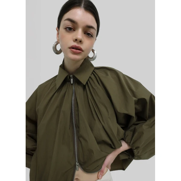 The Frankie Shop Murray Batwing Sleeve Balloon Jacket - Olive Brown - Oversized Minimalist Jackets in Beige - Shop at Coveti