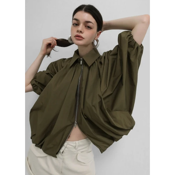 The Frankie Shop Murray Batwing Sleeve Balloon Jacket – Olive Brown, view 4
