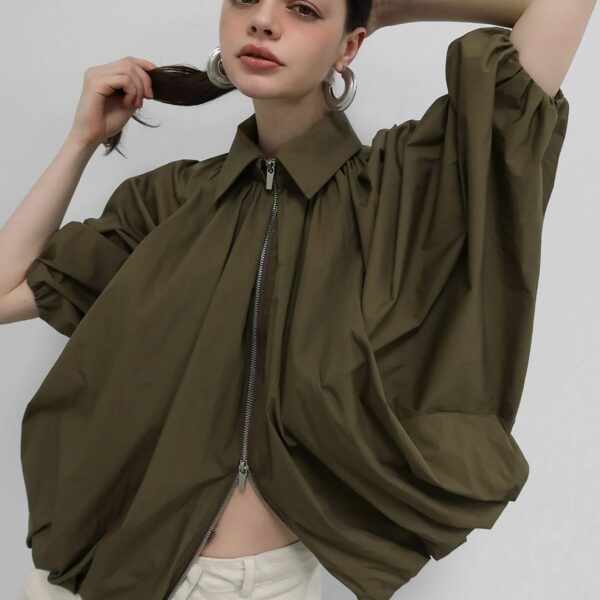The Frankie Shop Murray Batwing Sleeve Balloon Jacket - Olive Brown - Oversized Minimalist Jackets in Beige - Shop at Coveti