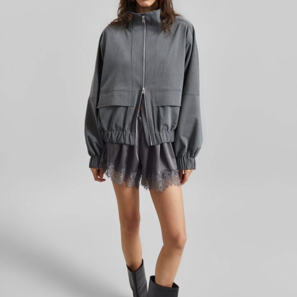 The Frankie Shop Mylah Satin Lace Trim Shorts - Slate Grey - Oversized Minimalist Shorts in Grey - Shop at Coveti