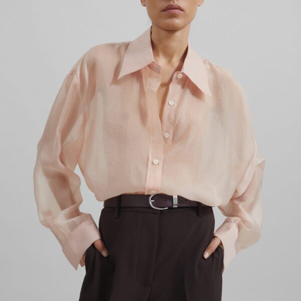 The Frankie Shop Nel Sheer Button Up Shirt - Pink - Oversized Minimalist Tops in Pink - Shop at Coveti