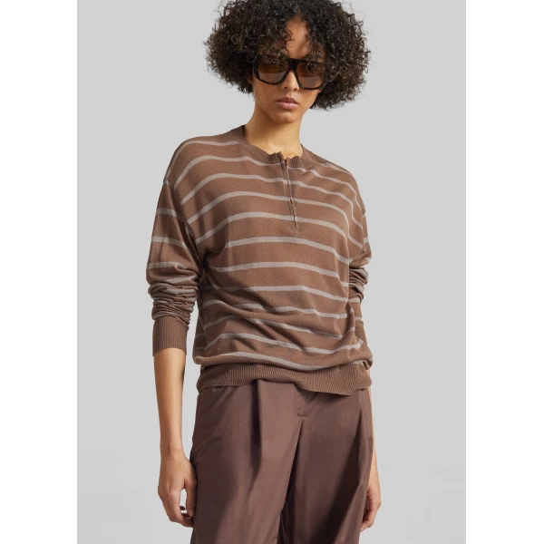The Frankie Shop Nelas Knit Sheer Zip Pullover – Brown Stripe, view 2
