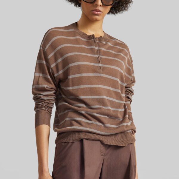 The Frankie Shop Nelas Knit Sheer Zip Pullover - Brown Stripe - Oversized Minimalist Knitwear in Multicolour - Shop at Coveti