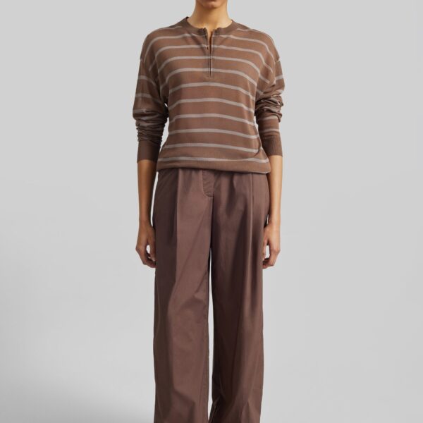 The Frankie Shop Nelas Knit Sheer Zip Pullover - Brown Stripe - Oversized Minimalist Knitwear in Multicolour - Shop at Coveti