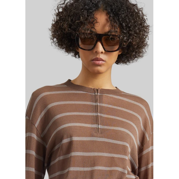 The Frankie Shop Nelas Knit Sheer Zip Pullover – Brown Stripe, view 4
