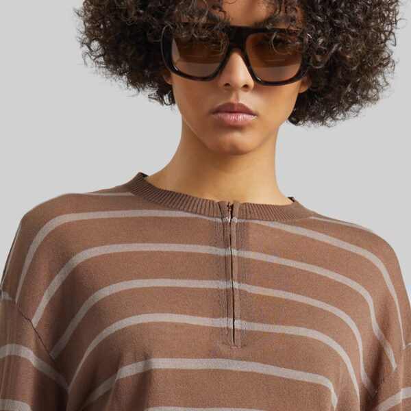The Frankie Shop Nelas Knit Sheer Zip Pullover - Brown Stripe - Oversized Minimalist Knitwear in Multicolour - Shop at Coveti