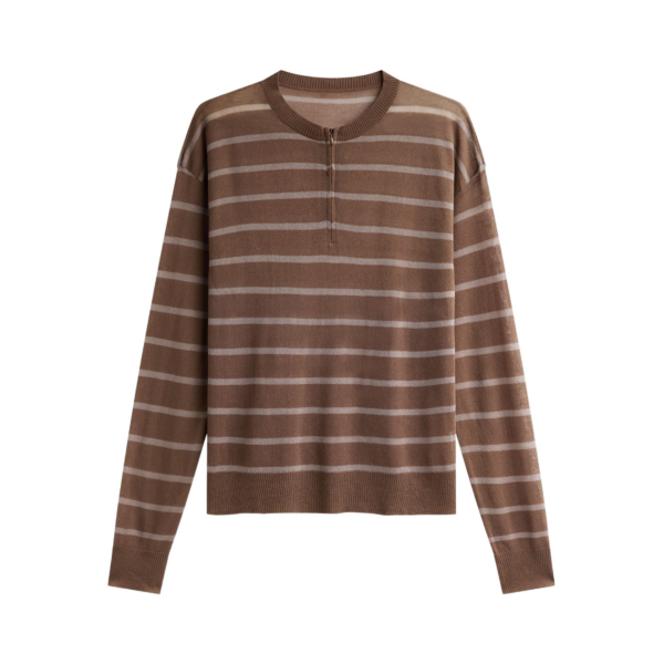 The Frankie Shop Nelas Knit Sheer Zip Pullover - Brown Stripe - Oversized Minimalist Knitwear in Multicolour - Shop at Coveti