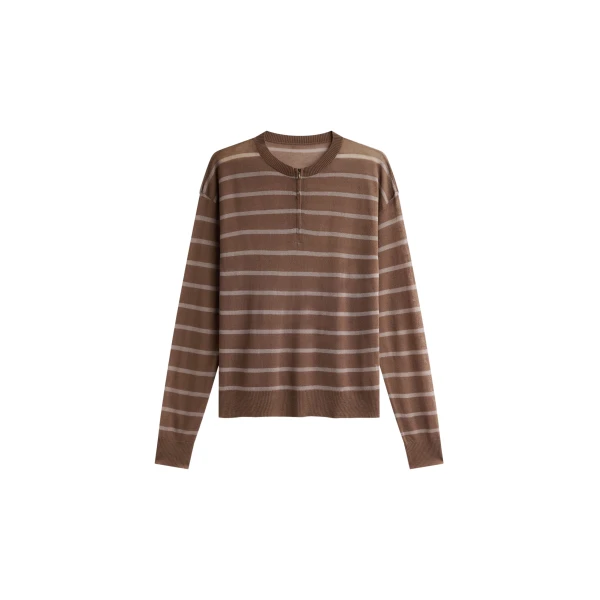 The Frankie Shop Nelas Knit Sheer Zip Pullover - Brown Stripe - Oversized Minimalist Knitwear in Multicolour - Shop at Coveti
