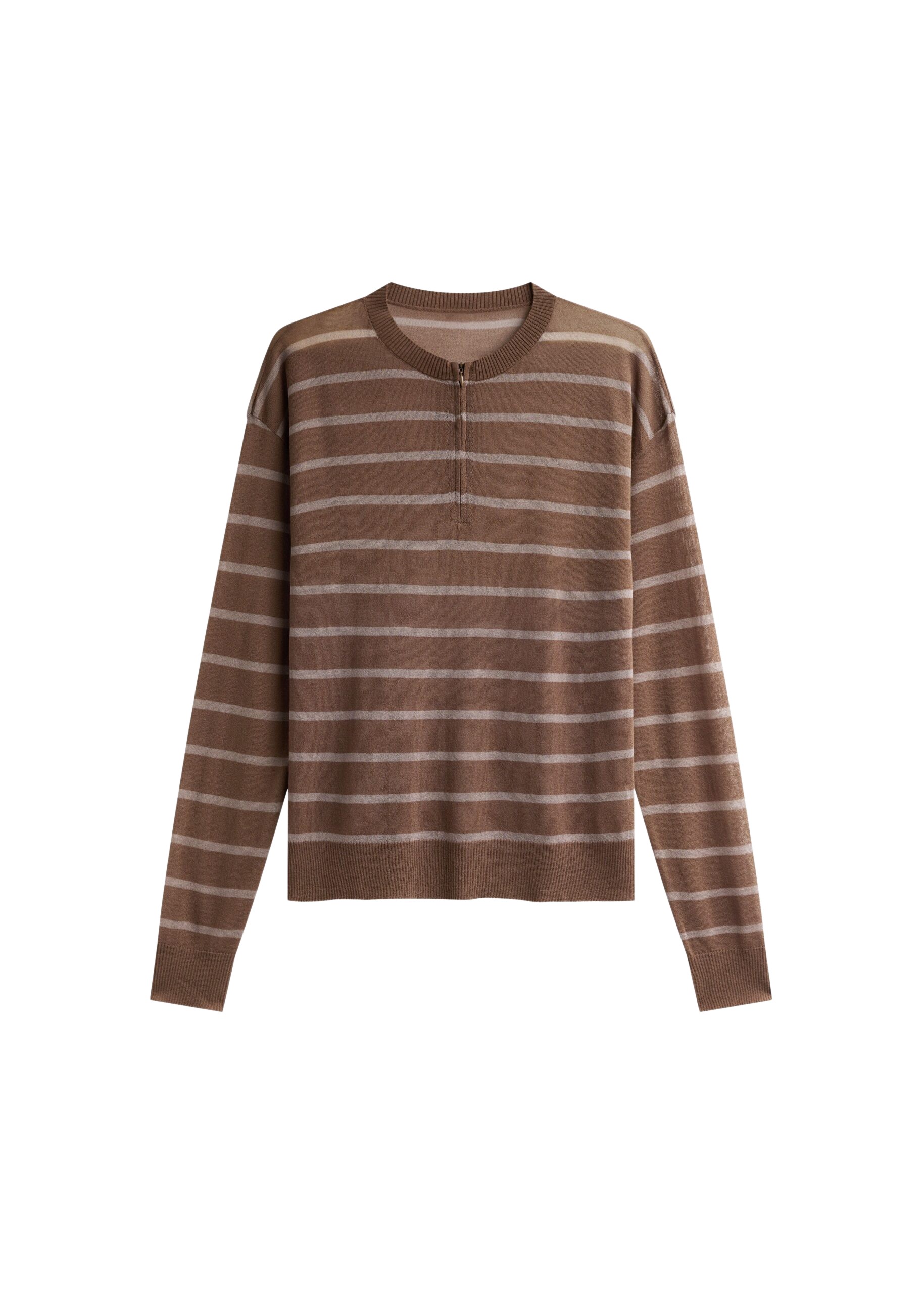 The Frankie Shop Nelas Knit Sheer Zip Pullover - Brown Stripe - Oversized Minimalist Knitwear in Multicolour - Shop at Coveti