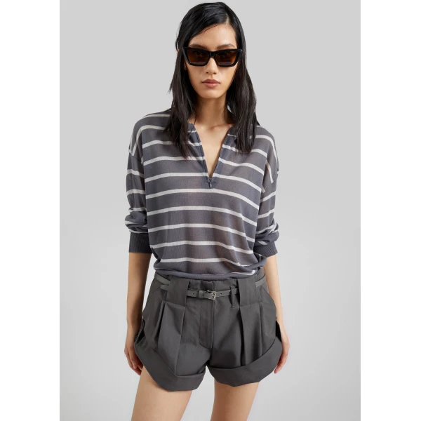 The Frankie Shop Nelas Knit Sheer Zip Pullover – Grey Stripe, view 2