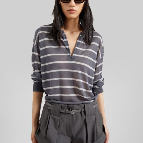 The Frankie Shop Nelas Knit Sheer Zip Pullover - Grey Stripe - Oversized Minimalist Knitwear in Multicolour - Shop at Coveti