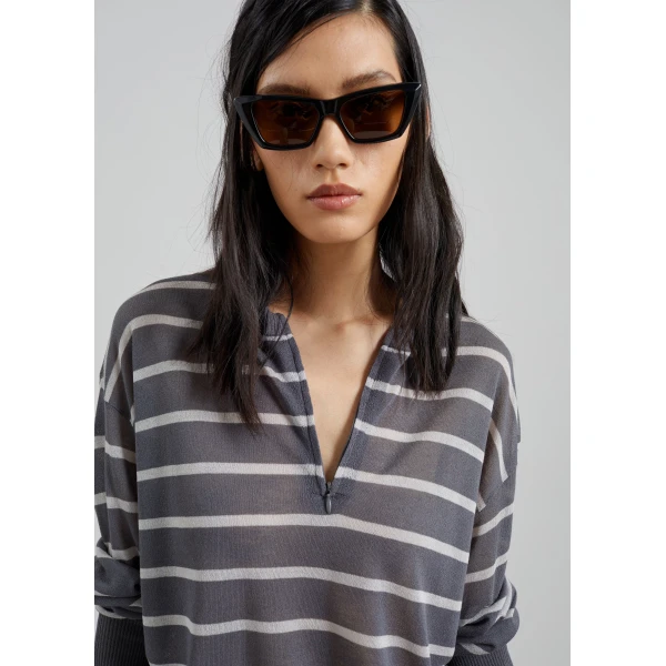 The Frankie Shop Nelas Knit Sheer Zip Pullover – Grey Stripe, view 3