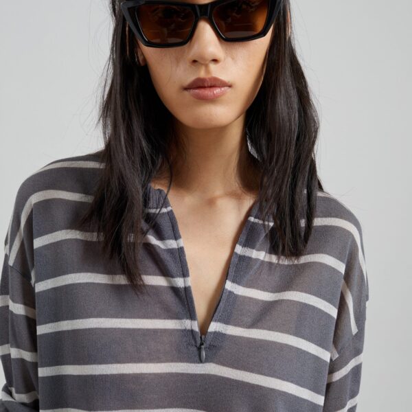 The Frankie Shop Nelas Knit Sheer Zip Pullover - Grey Stripe - Oversized Minimalist Knitwear in Multicolour - Shop at Coveti