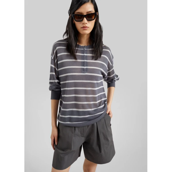 The Frankie Shop Nelas Knit Sheer Zip Pullover – Grey Stripe, view 4