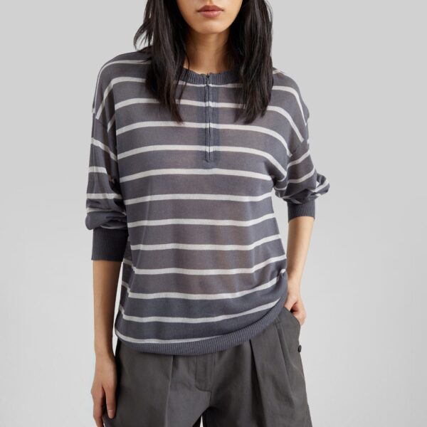 The Frankie Shop Nelas Knit Sheer Zip Pullover - Grey Stripe - Oversized Minimalist Knitwear in Multicolour - Shop at Coveti