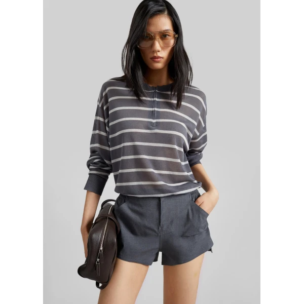 The Frankie Shop Nelas Knit Sheer Zip Pullover – Grey Stripe, view 6