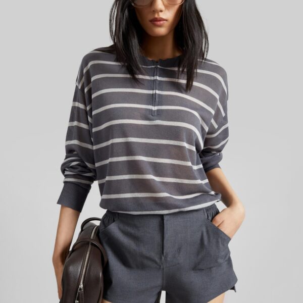 The Frankie Shop Nelas Knit Sheer Zip Pullover - Grey Stripe - Oversized Minimalist Knitwear in Multicolour - Shop at Coveti