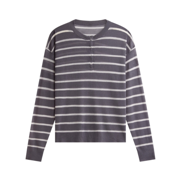 The Frankie Shop Nelas Knit Sheer Zip Pullover - Grey Stripe - Oversized Minimalist Knitwear in Multicolour - Shop at Coveti