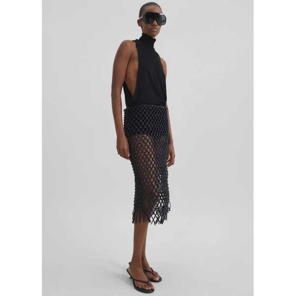 The Frankie Shop Nelaya Leather Macrame Skirt – Black, view 3