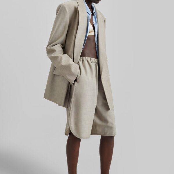 The Frankie Shop Nelis Suiting Bermuda Shorts - Beige Melange - Oversized Minimalist Shorts in Beige - Shop at Coveti