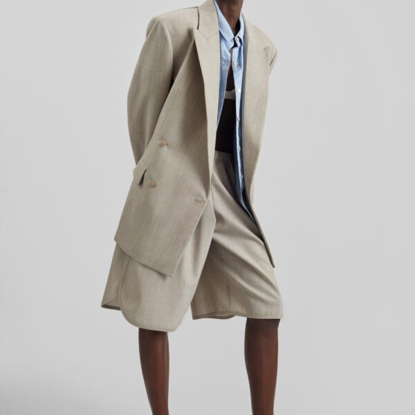 The Frankie Shop Nelis Suiting Bermuda Shorts - Beige Melange - Oversized Minimalist Shorts in Beige - Shop at Coveti