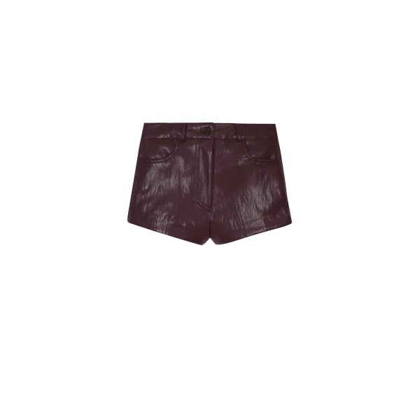 The Frankie Shop Nevis Faux Leather Hot Pants - Burgundy - Oversized Minimalist Shorts in Red - Shop at Coveti