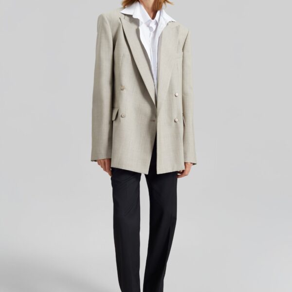 The Frankie Shop Newark Double Breasted Blazer - Beige Melange - Oversized Minimalist Jackets in Beige - Shop at Coveti