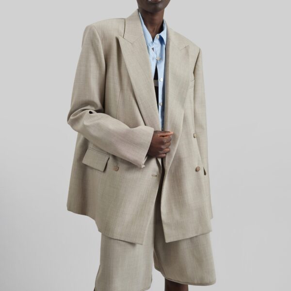 The Frankie Shop Newark Double Breasted Blazer - Beige Melange - Oversized Minimalist Jackets in Beige - Shop at Coveti