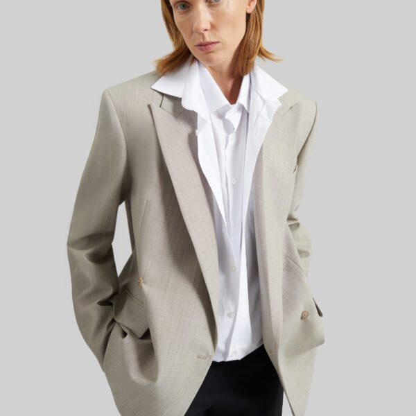 The Frankie Shop Newark Double Breasted Blazer - Beige Melange - Oversized Minimalist Jackets in Beige - Shop at Coveti