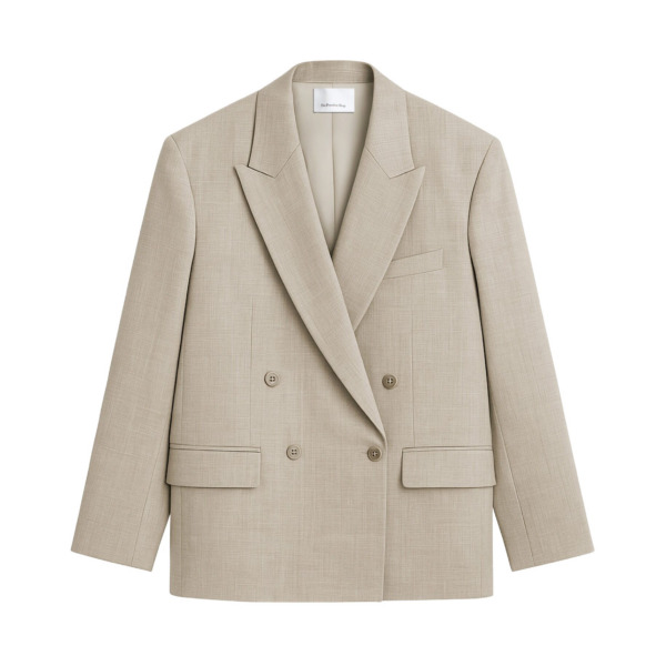 The Frankie Shop Newark Double Breasted Blazer - Beige Melange - Oversized Minimalist Jackets in Beige - Shop at Coveti