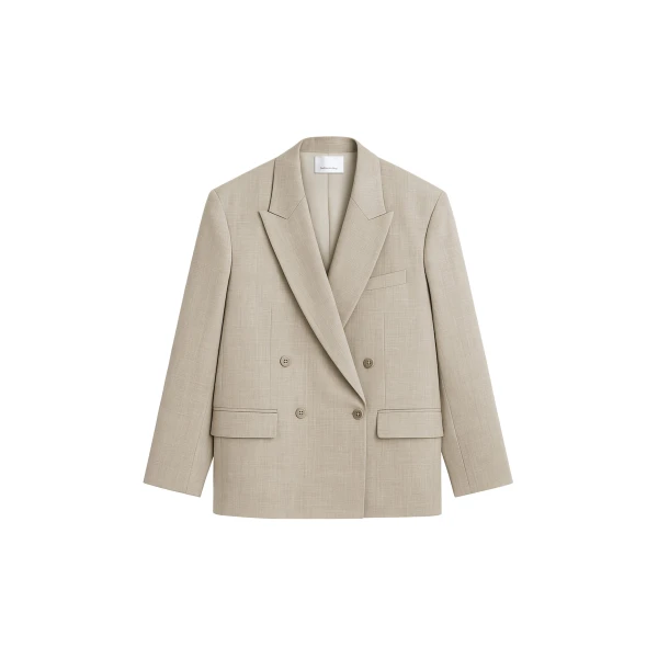 The Frankie Shop Newark Double Breasted Blazer - Beige Melange - Oversized Minimalist Jackets in Beige - Shop at Coveti