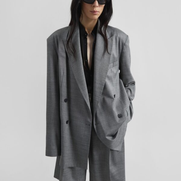 The Frankie Shop Newark Double Breasted Blazer - Grey Melange - Oversized Minimalist Jackets in Grey - Shop at Coveti