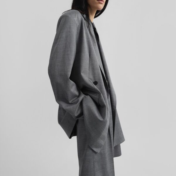The Frankie Shop Newark Double Breasted Blazer - Grey Melange - Oversized Minimalist Jackets in Grey - Shop at Coveti