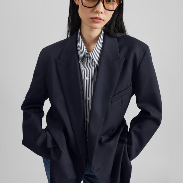 The Frankie Shop Newark Double Breasted Blazer - Navy - Oversized Minimalist Jackets in Blue - Shop at Coveti
