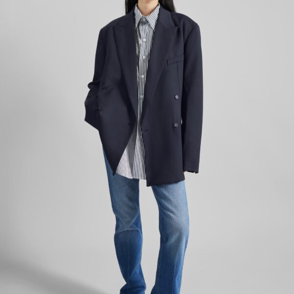 The Frankie Shop Newark Double Breasted Blazer - Navy - Oversized Minimalist Jackets in Blue - Shop at Coveti